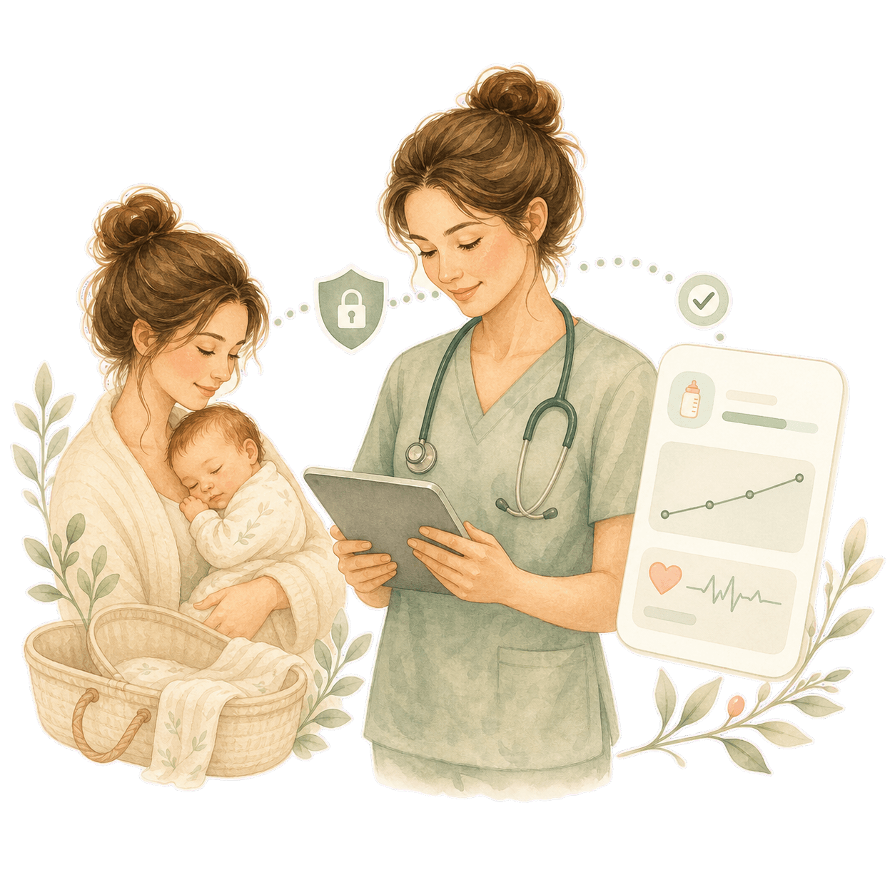 A watercolor illustration of a parent and baby securely sharing health updates with a midwife